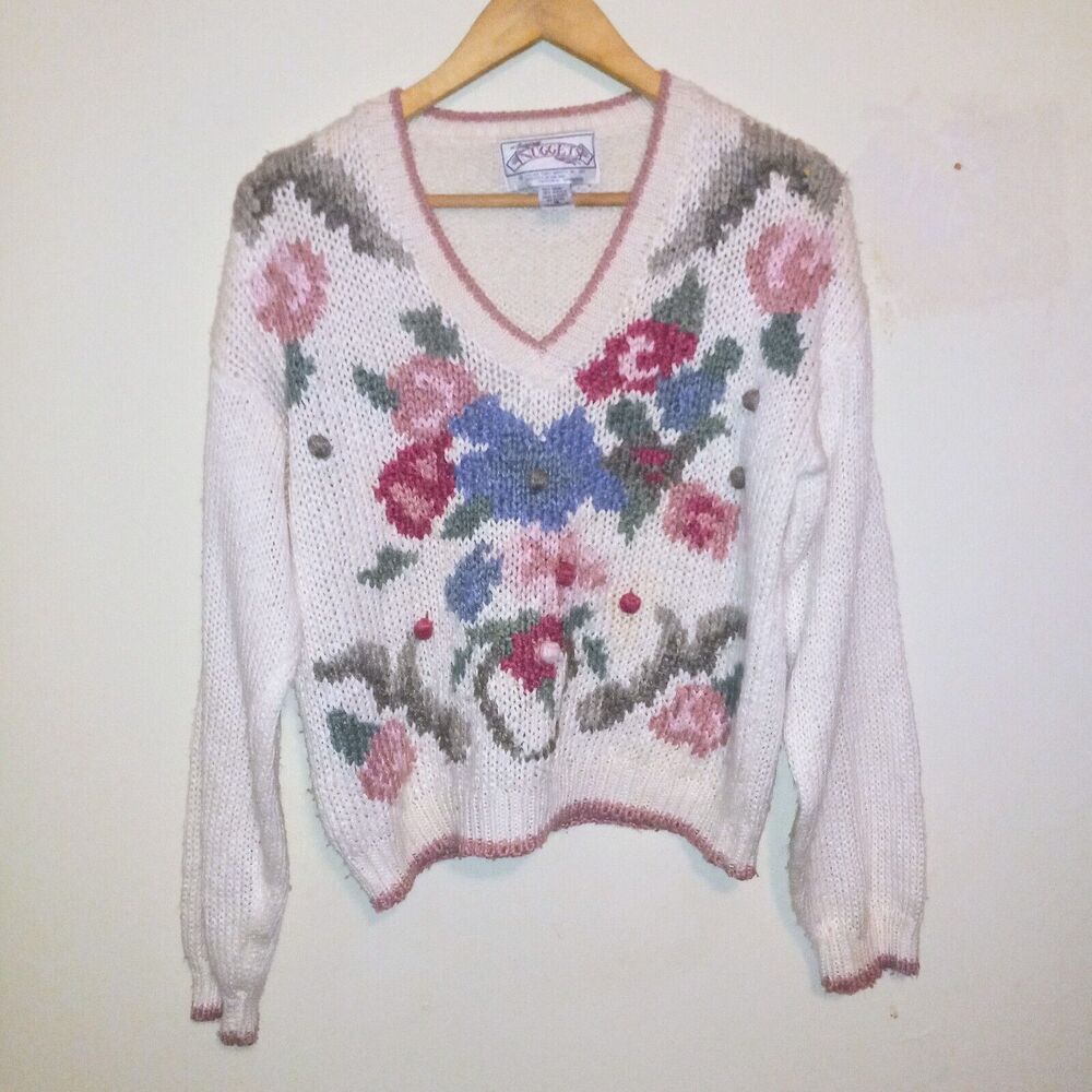 Vintage Nuggets Floral Cropped Knitted Sweater-Medium-3D Embellishments